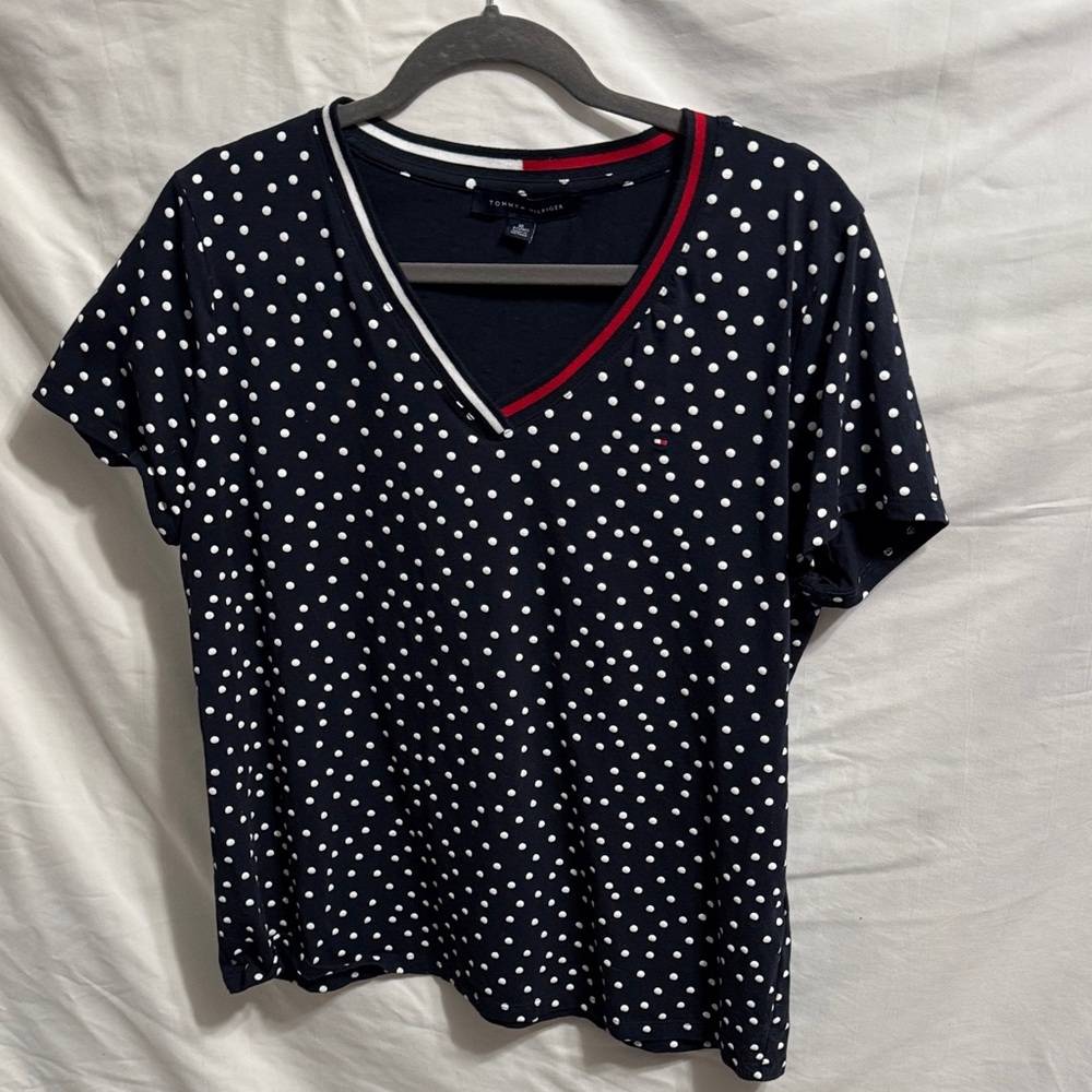 Tommy Hilfiger Navy and White Polka Dot V-Neck Tee